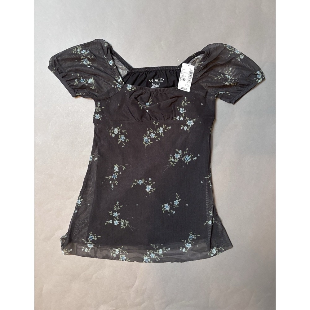 NWT The Children's Place Girls Mesh Floral Top Black Blue Puff Sleeve XS (4)